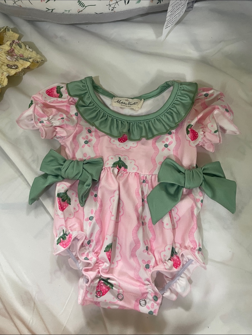 Pink Strawberry Ruffle Baby One-Piece Bodysuit with Green Bows